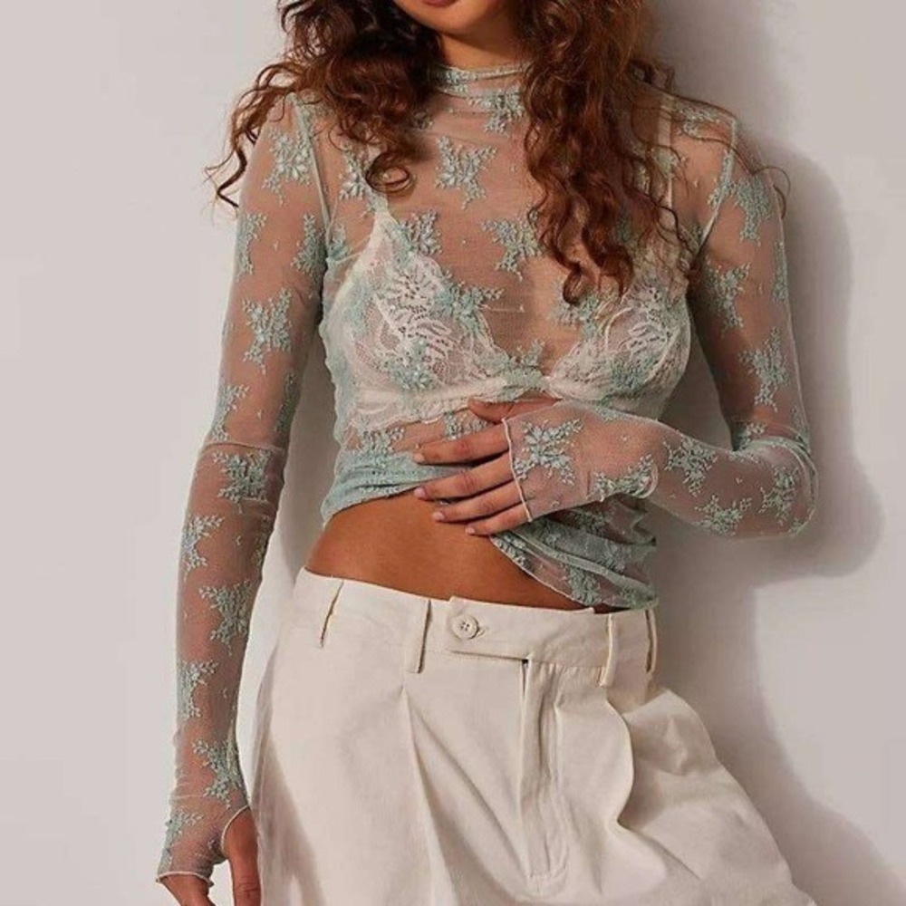 Ethereal Bridgerton Style Lace Top Aqua Mint Sheer Mock Neck Layering Size Large